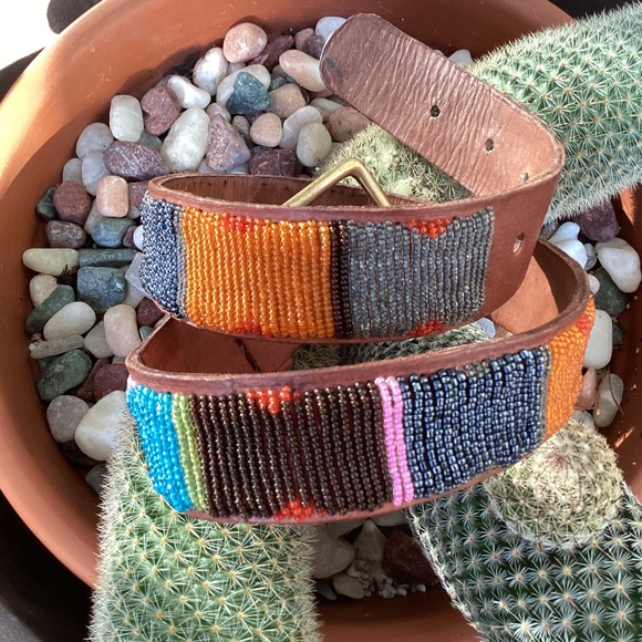 Vintage Genuine Leather & Colorful Beaded Boho Belt main image 11